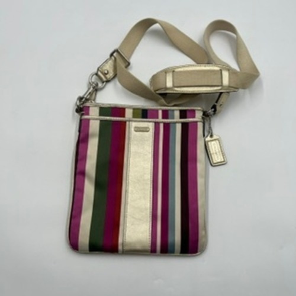 Coach Poppy Swingpack Crossbody Bag Multi Color Stripe Satin Gold Leather Trim